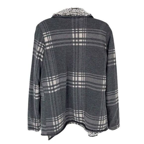 Thread & Supply Gray and White Buckle Plaid Wrap Waterfall Jacket Cardigan Sweat - Picture 3 of 7